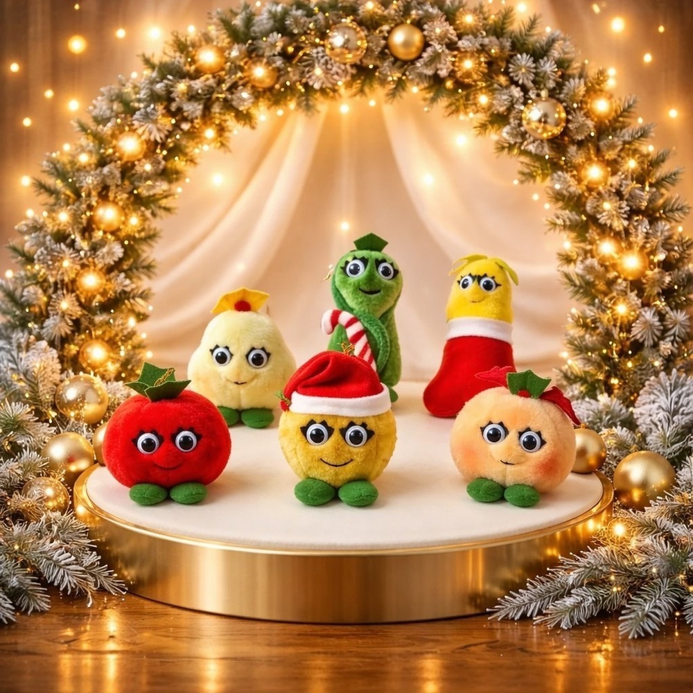 Vintage 1991 Del Monte Country Yumkins Christmas Googly Eyed Plush Ornament Set